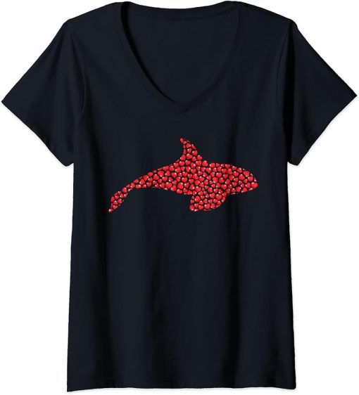 Womens Orca Fish Lover Heart Shape Orca Valentine"s Day V-Neck T-Shirt