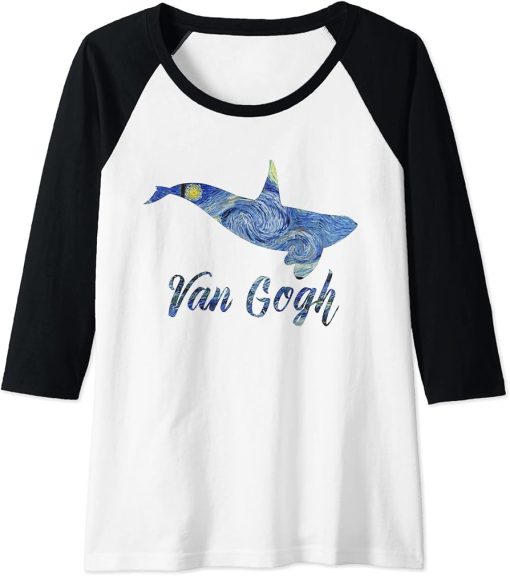 Womens Orca Van Gogh Starry Night Art Van Gogh Painting Whale Raglan Baseball Tee