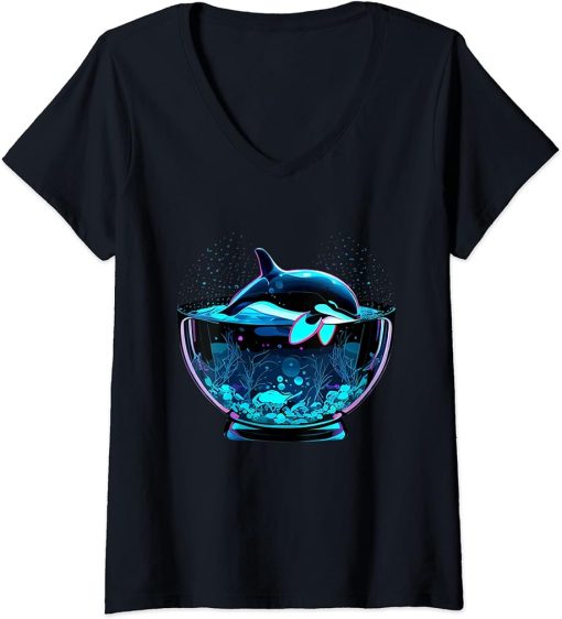 Womens Orca Whale in Fish Bowl Orca in Aquarium Free The Orcas V-Neck T-Shirt