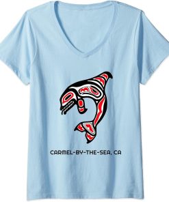 Womens Carmel-by-the-Sea, California Native American Orca Whale V-Neck T-Shirt