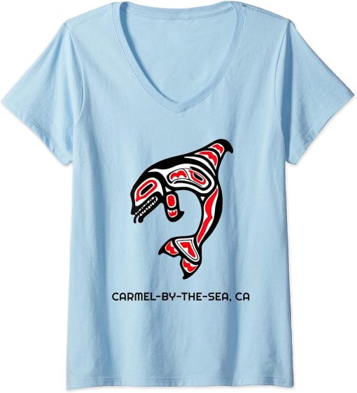 Womens Carmel-by-the-Sea, California Native American Orca Whale V-Neck T-Shirt