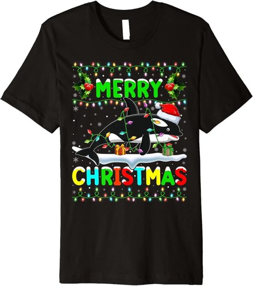 Xmas Orca Fish Lighting Santa Hat Merry Christmas Orca Premium T-Shirt