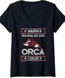 Womens Red Plaid Plaided Warm Snuggles Orca Cuddles Christmas Xmas V-Neck T-Shirt