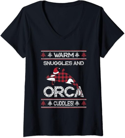 Womens Red Plaid Plaided Warm Snuggles Orca Cuddles Christmas Xmas V-Neck T-Shirt