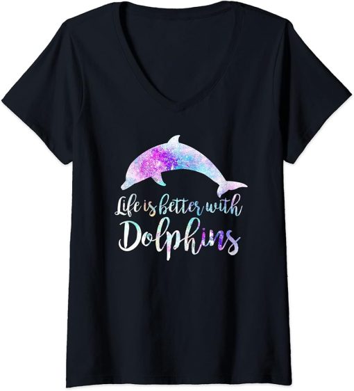 Womens Life is Better With Dolphins Vintage Dolphin Lover Graphic V-Neck T-Shirt